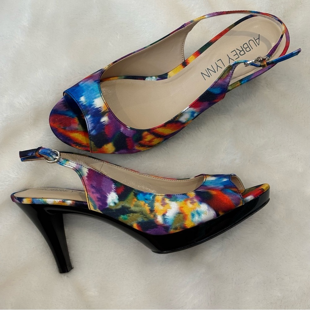 EUC Aubrey Lynn Heels Peep Toe Sling Back SZ 7 Colorful - Picture 3 of 9